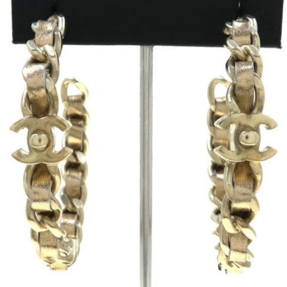 CHANEL CC Logos Gold Leather Turnlock Hoop Earrings Gold Tone B15C Auth #7472 - Picture 1 of 7